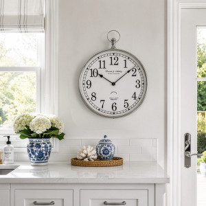 Silver fob-style wall clock displayed above white kitchen cabinetry