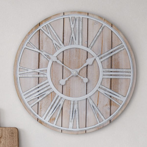 Manningtree whitewashed wall clock with raised Roman numerals on a panelled face
