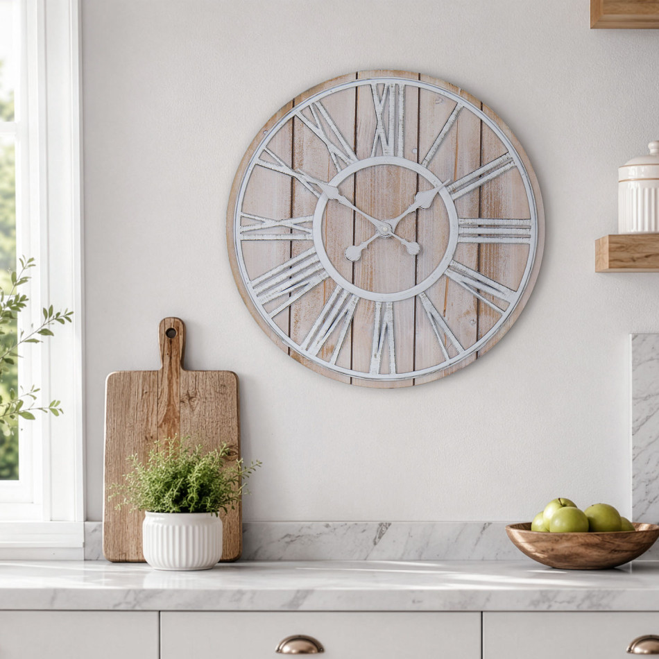 Whitewashed Roman numeral wall clock styled above a country kitchen bench