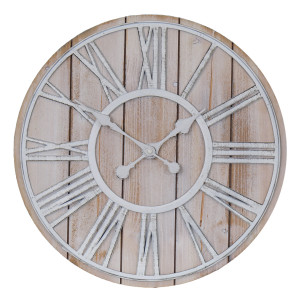 Front view of round whitewashed wall clock with metal Roman numerals
