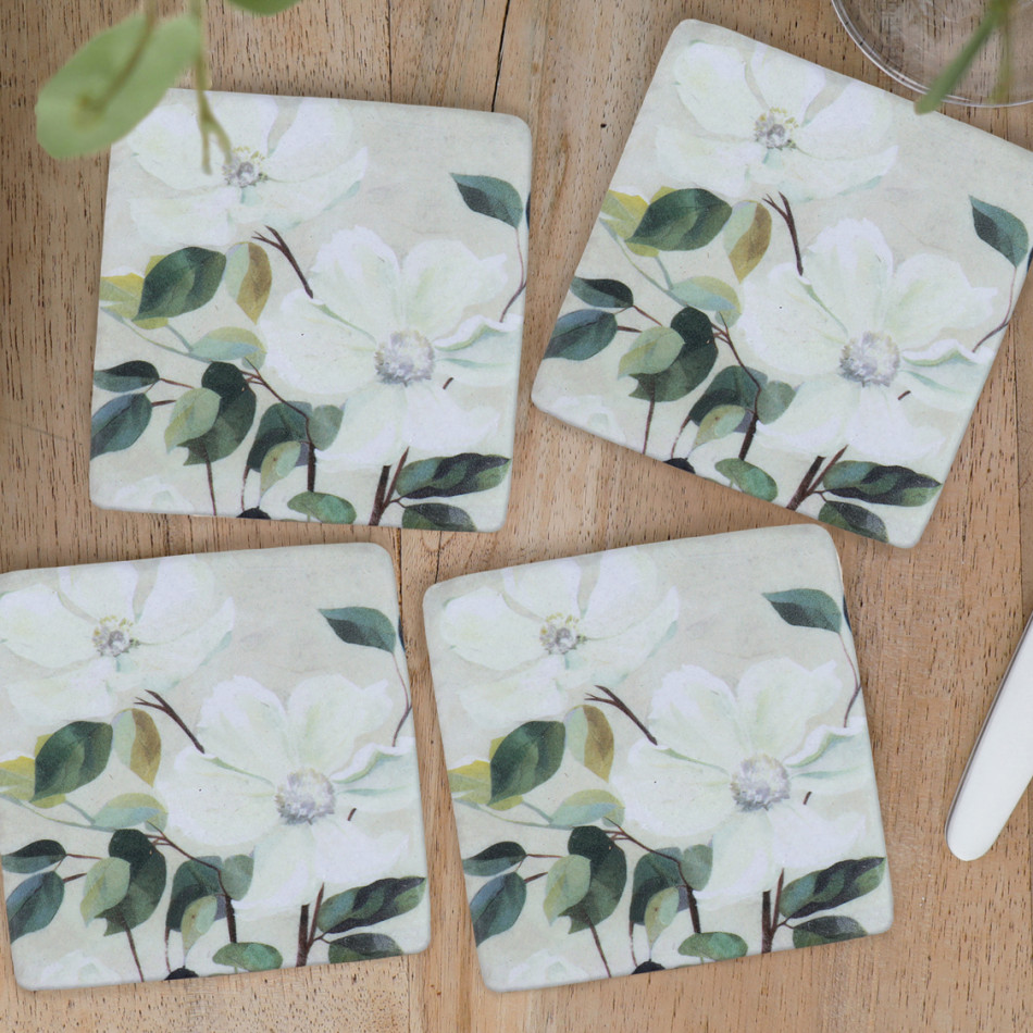 Set 4 Calista White Magnolias Coasters, a tabletop accessory for protecting surfaces