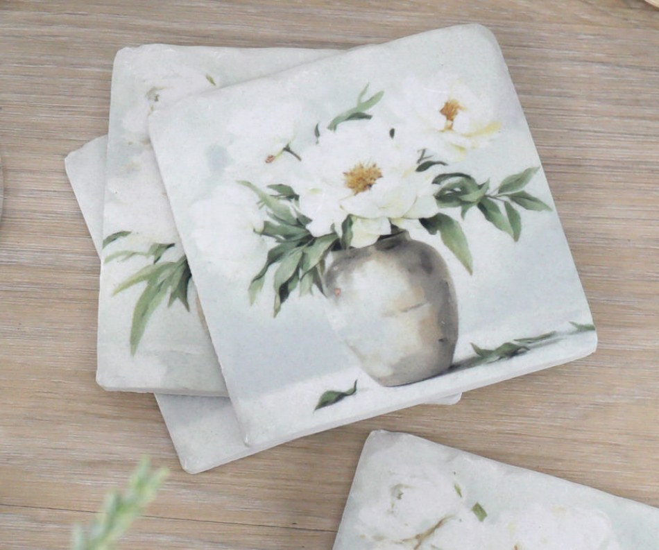 Set 4 Delphine White Peony Coasters