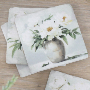 Set 4 Delphine White Peony Coasters, a tabletop accessory designed to protect surfaces from drinkware