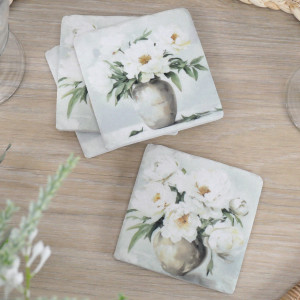 Set 4 Delphine White Peony Coasters, decorative tableware