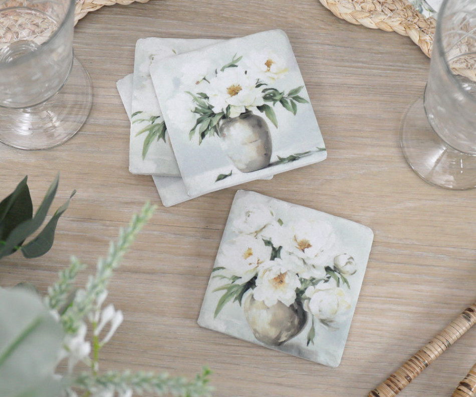 Set 4 Delphine White Peony Coasters