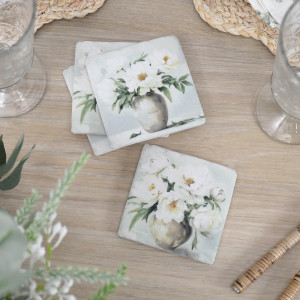 Set 4 Delphine White Peony Coasters, a practical surface protector with decorative dining appeal