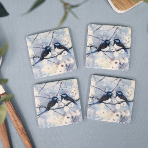 Set 4 Claremont Blue Fairy Wren Coasters, a tabletop accessory designed to protect surfaces from drinkware