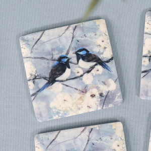 Set 4 Claremont Blue Fairy Wren Coasters, a tabletop accessory for protecting surfaces