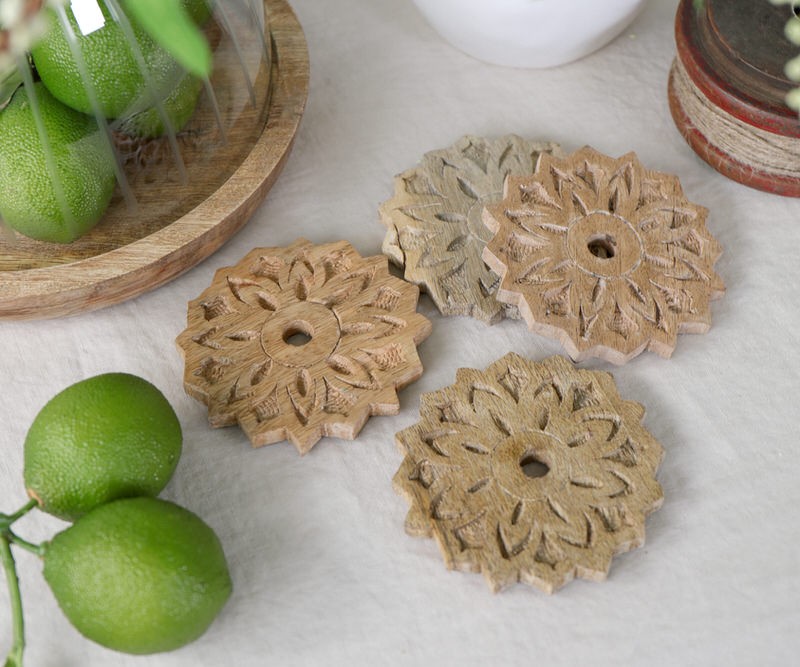 Set 4 Carla Carved Wood Coasters