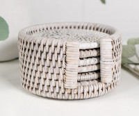 Set 6 Clontarf Whitewash Rattan Coasters with Holder