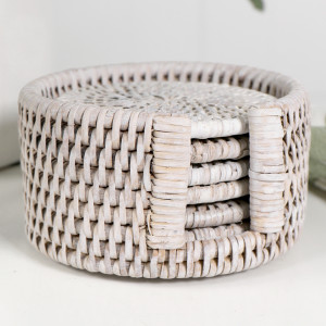 Set 6 Clontarf Whitewash Rattan Coasters with Holder, decorative tableware