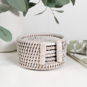 Set 6 Clontarf Whitewash Rattan Coasters with Holder, a functional fitting for displaying, holding or organising household items