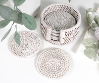 Set 6 Clontarf Whitewash Rattan Coasters with Holder