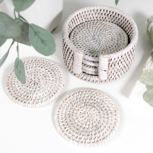 Set 6 Clontarf Whitewash Rattan Coasters with Holder, a functional household accessory for display or organisation