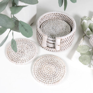 Set 6 Clontarf Whitewash Rattan Coasters with Holder, designed to add practical storage or display space to the home