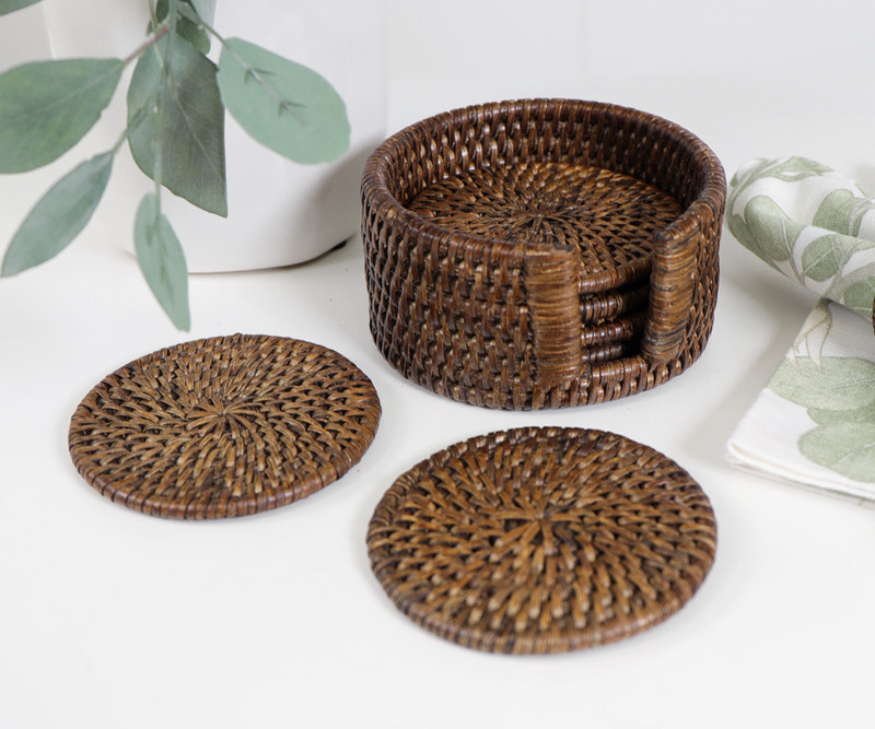 Set 6 Bayview Brown Rattan Coasters with Holder