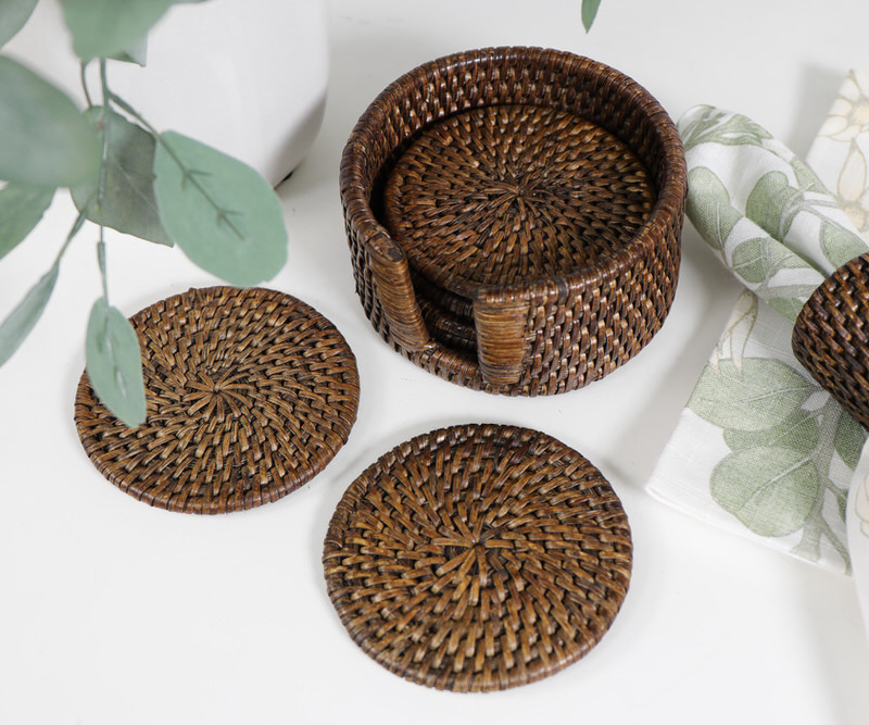 Set 6 Bayview Brown Rattan Coasters with Holder