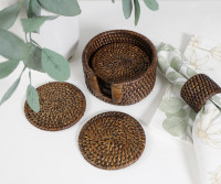 Set 6 Bayview Brown Rattan Coasters with Holder