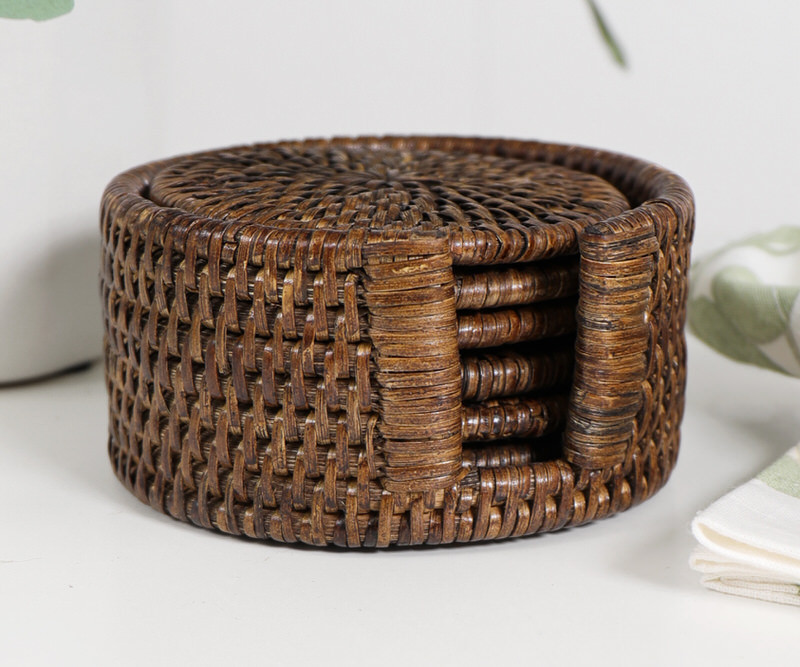 Set 6 Bayview Brown Rattan Coasters with Holder