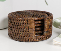 Set 6 Bayview Brown Rattan Coasters with Holder