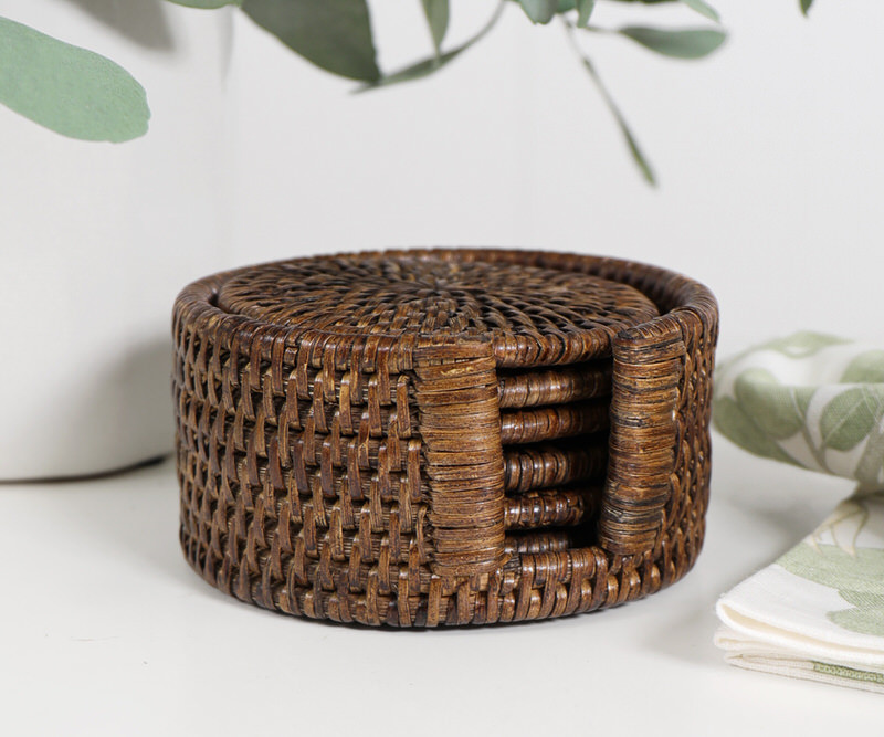 Set 6 Bayview Brown Rattan Coasters with Holder