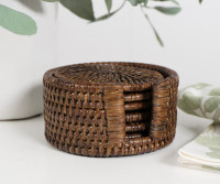 Set 6 Bayview Brown Rattan Coasters with Holder