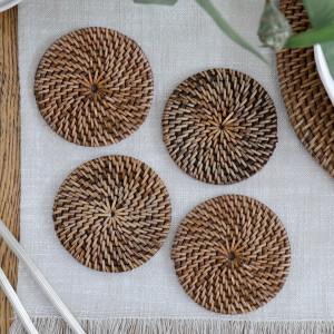 Set 4 Newport Brown Rattan Coasters, a tabletop accessory for protecting surfaces
