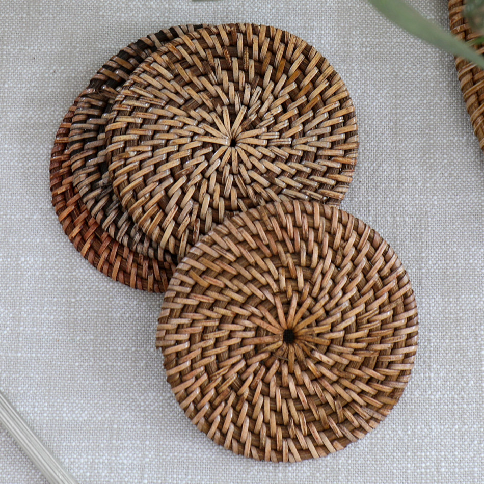 Set 4 Newport Brown Rattan Coasters, indoor occasional table