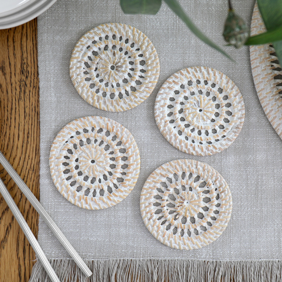 Set 4 Fairlight Whitewash Rattan Coasters, a tabletop accessory for protecting surfaces