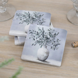 Set 4 Villa Verde Olive Leaf Coasters, a tabletop accessory designed to protect surfaces from drinkware
