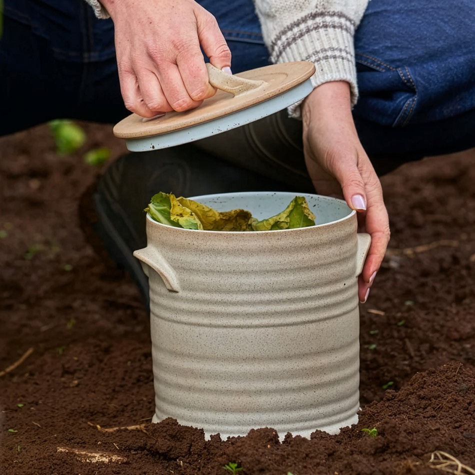 Brantham speckled ceramic compost bin being filled with vegetable scraps in the garden
