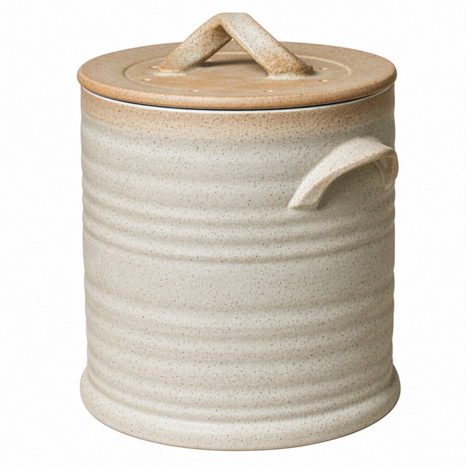 Cream speckled ceramic compost bin with ribbed sides, lid and carrying handles