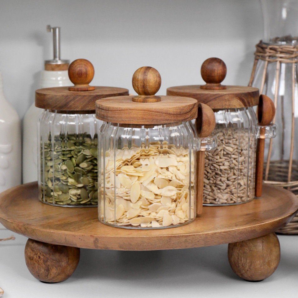 Set of 3 ribbed glass storage jars with acacia wood lid and side spoon holder