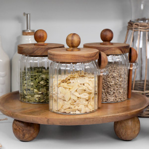 Set of 3 ribbed glass storage jars with acacia wood lid and side spoon holder