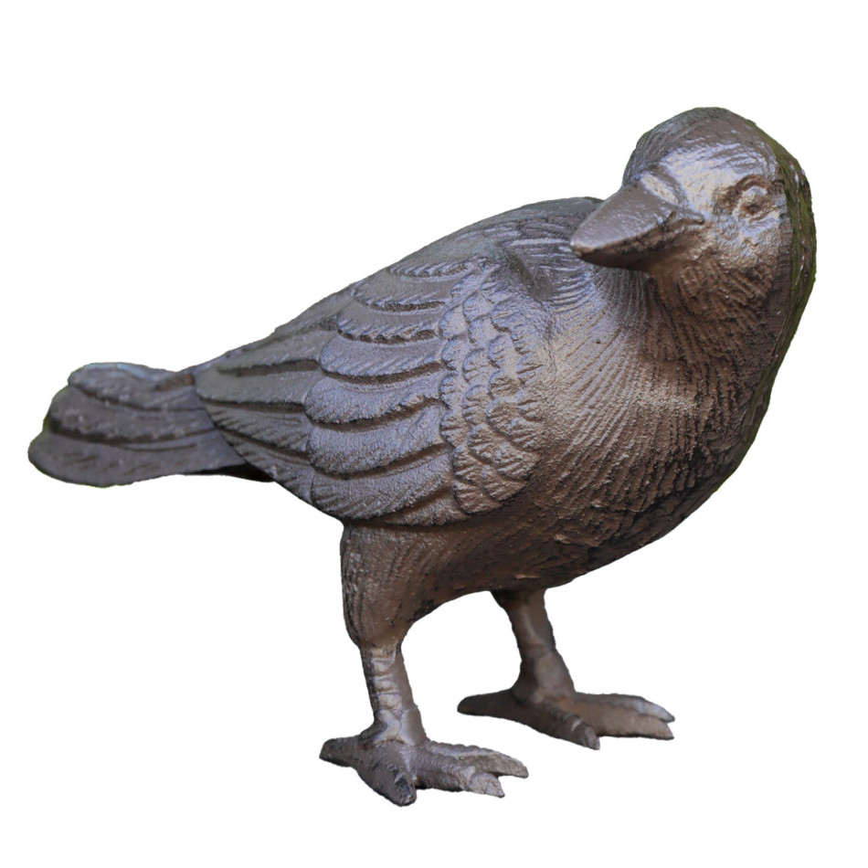 Bertie cast iron crow ornament with turned head and detailed chest feathers against a white background