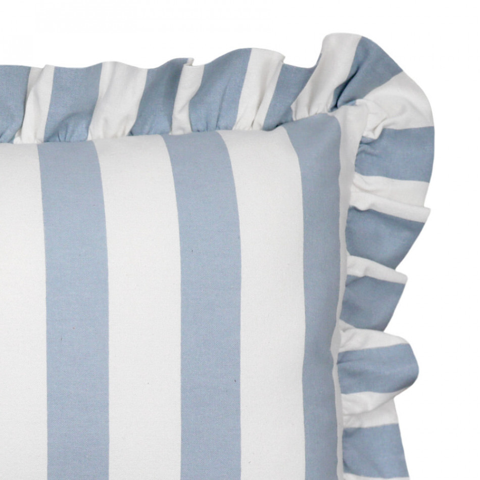 Lyla Sky Blue Stripe Ruffle Cushion, a decorative soft furnishing for a sofa, chair or bed