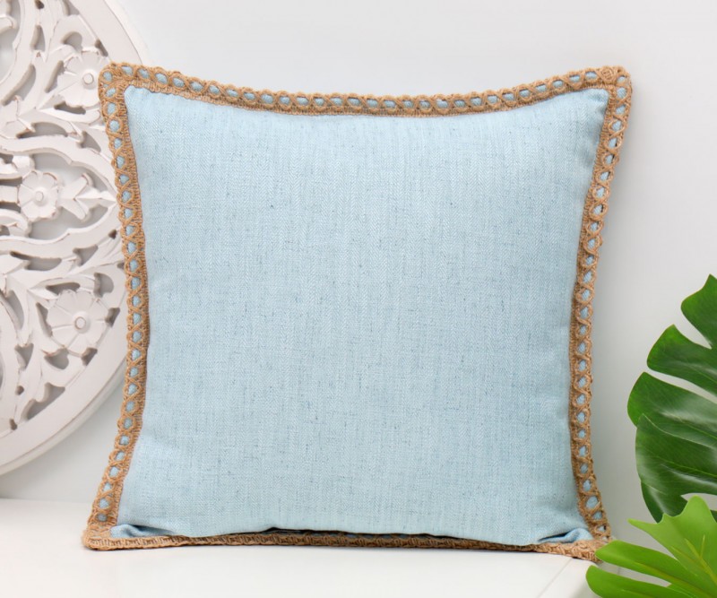 Sky Blue Linen Cushion With Jute Edges