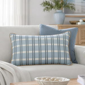 Lumbar Clovelly Blue Check Cushion, shown as a soft decorative accent for layering on seating or a bed