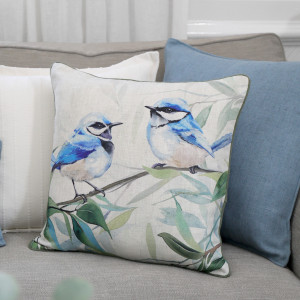 Woodland Blue Fairy Wrens Cushion, shown as a soft decorative accent for layering on seating or a bed