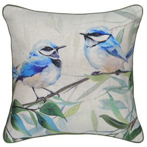 Woodland Blue Fairy Wrens Cushion, a decorative soft furnishing for a sofa, chair or bed