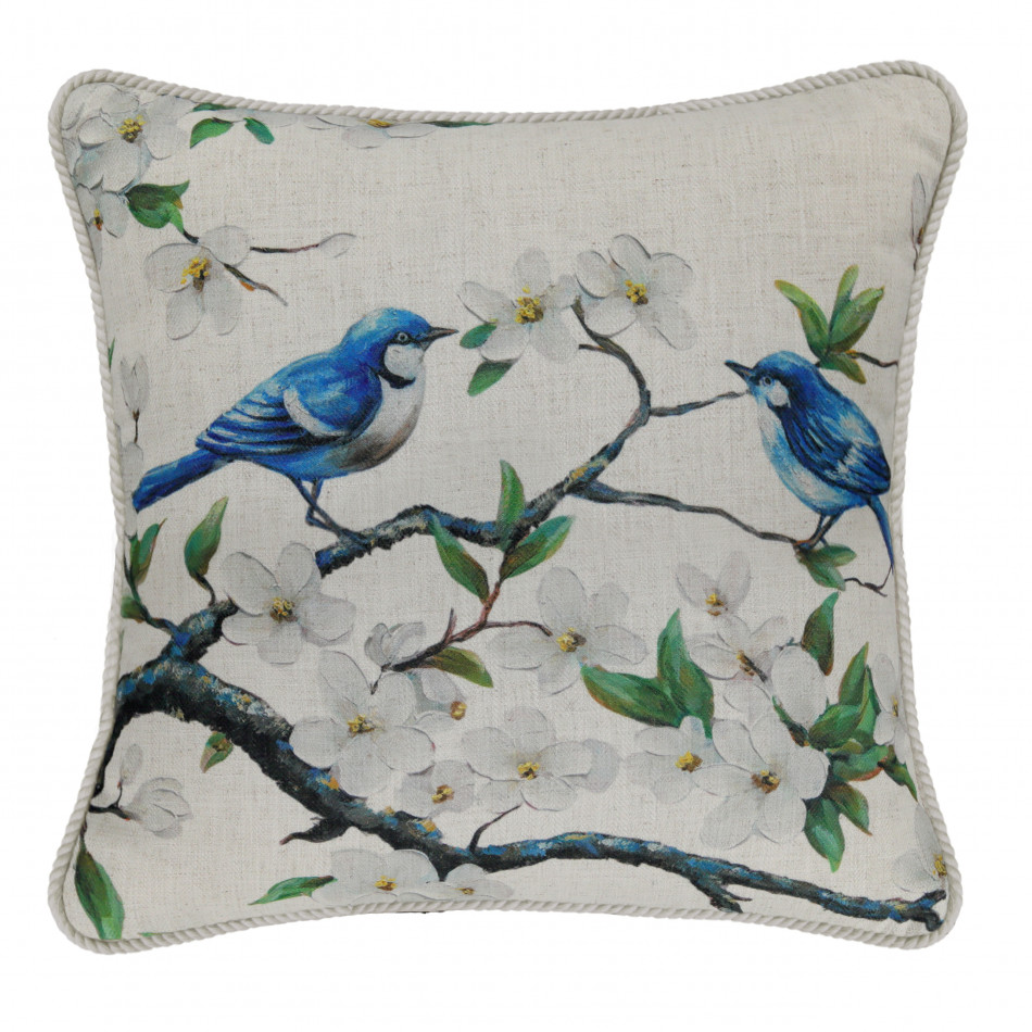 Eliza Blossom Blue Wrens Cushion, a decorative soft furnishing for a sofa, chair or bed