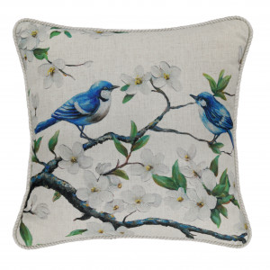 Eliza Blossom Blue Wrens Cushion, a decorative soft furnishing for a sofa, chair or bed