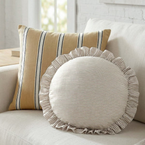 Round Bonnie Taupe & White Ruffle Cushion, a decorative soft furnishing for a sofa, chair or bed