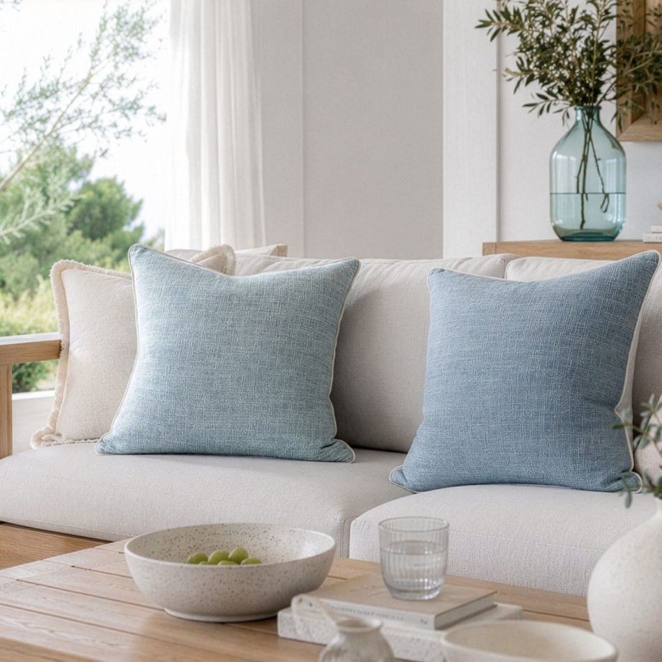 Aqua Noosa Chambray Cushion, shown as a soft decorative accent for layering on seating or a bed