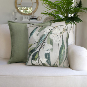 Cranfield Green Eucalyptus Cushion, shown as a soft decorative accent for layering on seating or a bed