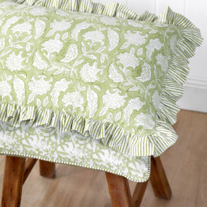 Lumbar Sylvie Apple Green Reversible Cushion, shown as a soft decorative accent for layering on seating or a bed