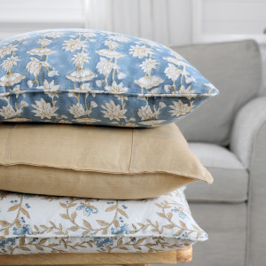 Saffira Blooms Blue Linen Cushion, a decorative soft furnishing for a sofa, chair or bed