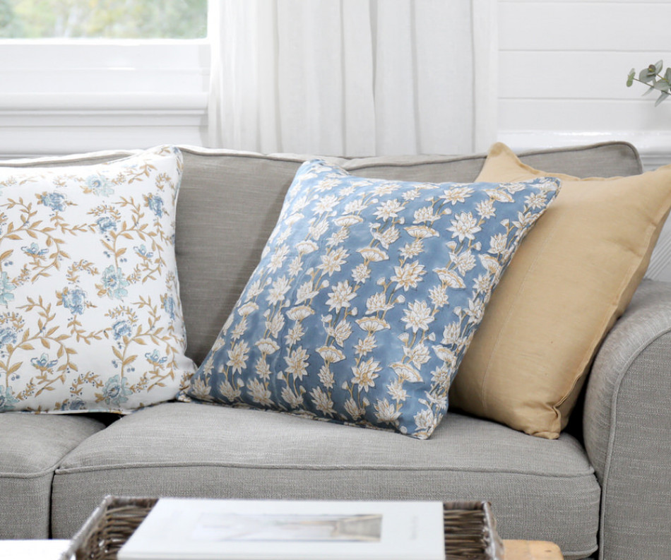 Saffira Blooms Blue Linen Cushion