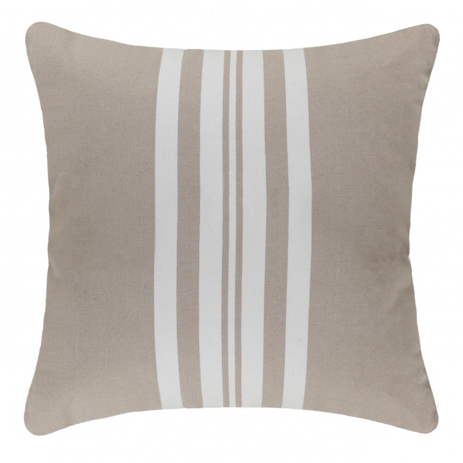 Square outdoor cushion with broad warm taupe and soft white vertical stripes