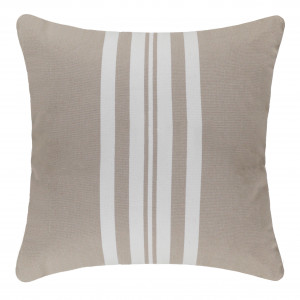 Square outdoor cushion with broad warm taupe and soft white vertical stripes